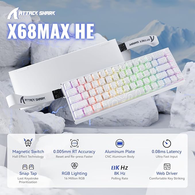 ATTACK SHARK X68MAX HE Wired Rapid Trigger Mechanical Creamy TKL RGB Gaming Keyboard with Full Aluminum CNC,8K Polling,0.005mm Accuracy,Hall Effect Magnetic Switch,NKRO,Driver for PC(White Contour)