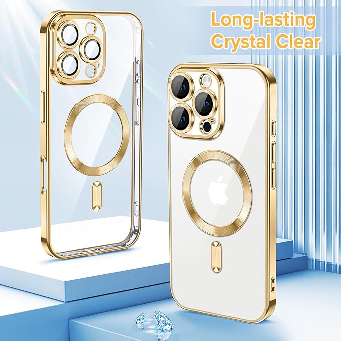 Hython Magnetic Clear for iPhone 16 Pro Case with Camera Lens Protector [Compatible with MagSafe] Luxury Plating Edge Slim Soft TPU Cover Protective Phone Case for iPhone 16 Pro 6.3", Gold