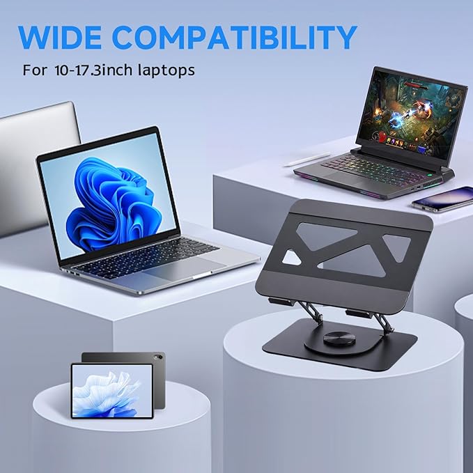 Leeboom Adjustable Laptop Stand for Desk, Ergonomic Height Adjustable Riser, 360° Rotating & Foldable, Ventilated Cooling, Fits Up to 17.3” Laptops (Including Gaming Laptops), Dark Silver