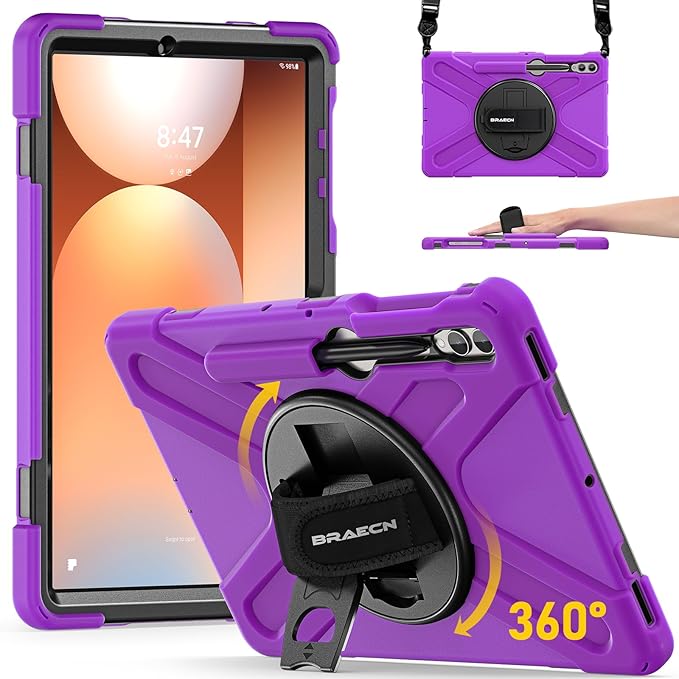 BRAECN for Samsung Galaxy Tab S10+ Plus/S9+/S9 FE + /S8+ Plus/S7 +Plus /S7 FE 12.4 Inch,Heavy Duty Shockproof Case with S Pen Holder&360 Rotating Hand Strap/Kickstand/Shoulder Strap -Purple