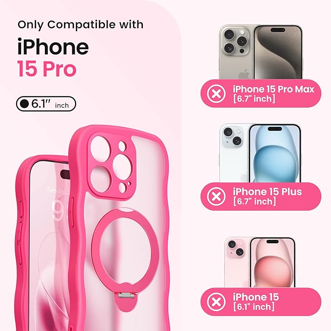 CAPRARO for iPhone 15 Pro Case with 360° Spin Magnetic Stand for Women, [Compatible with MagSafe] [Full Camera Protection] Cute Wave Translucent Matte Case for iPhone 15 Pro, Hot Pink