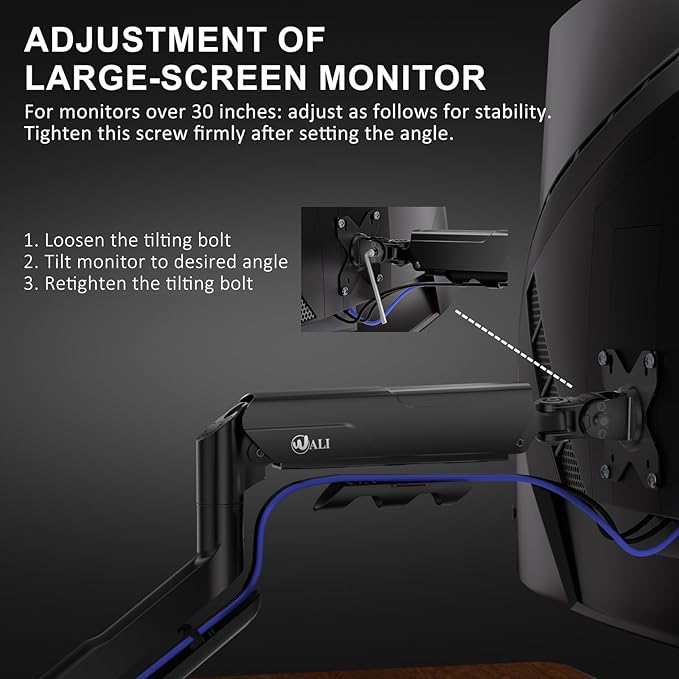 WALI Heavy Duty Single Monitor Arm for 17-49 Inch Flat Curved Ultrawide Screens, up to 33 Lbs, Adjustable Single Monitor Desk Mount for Home Office Gaming, VESA 75/100mm (GSM001XLN), Black