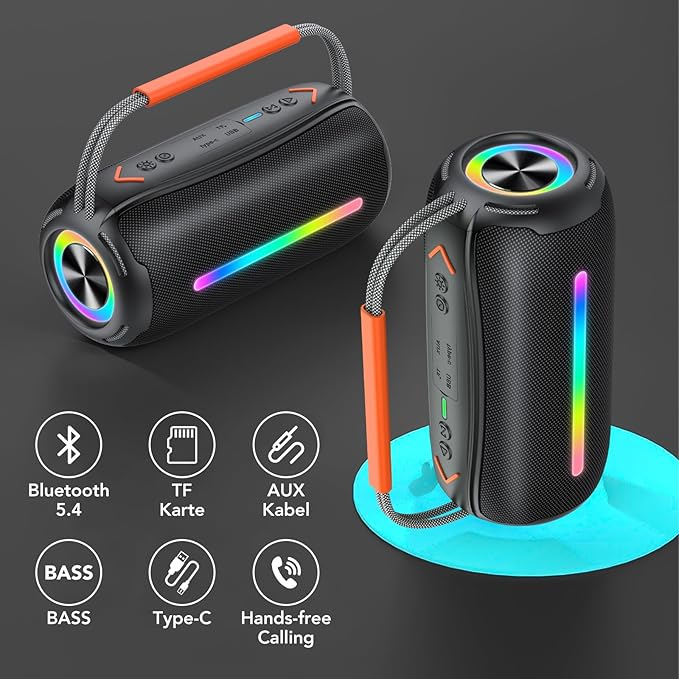 aowoka Bluetooth Speaker Portable Wireless Bluetooth Speakers with HD Stereo Sound, BT 5.4 TWS Pairing, IPX7 Waterproof, 30H Battery Life with Led Light for Outdoor/Party/Sport/Travel/Gifts