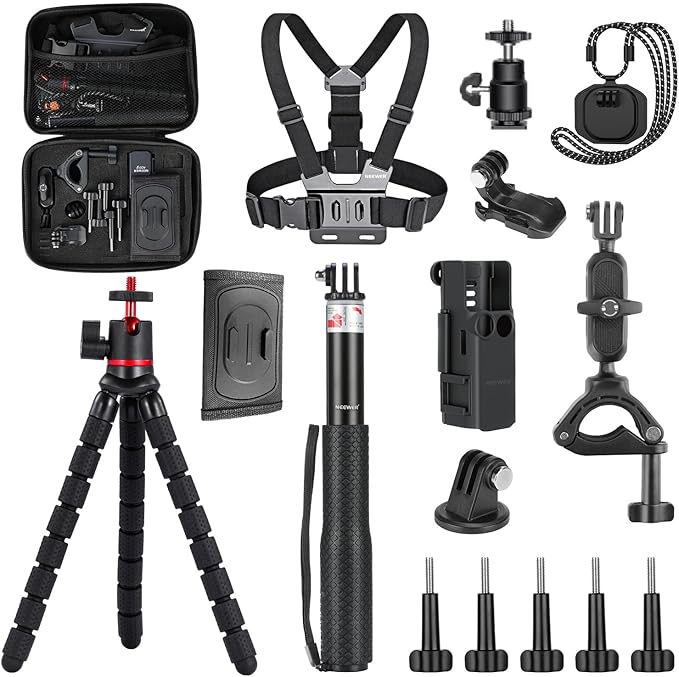NEEWER Basics 16 in 1 Accessories Kit Compatible with DJI OSMO Pocket 3, Mini Tripod Selfie Stick Chest Strap Magnetic Neck Mount Extension Adapter Mountaineering Cycling Dual Cam Vlog, GP-52