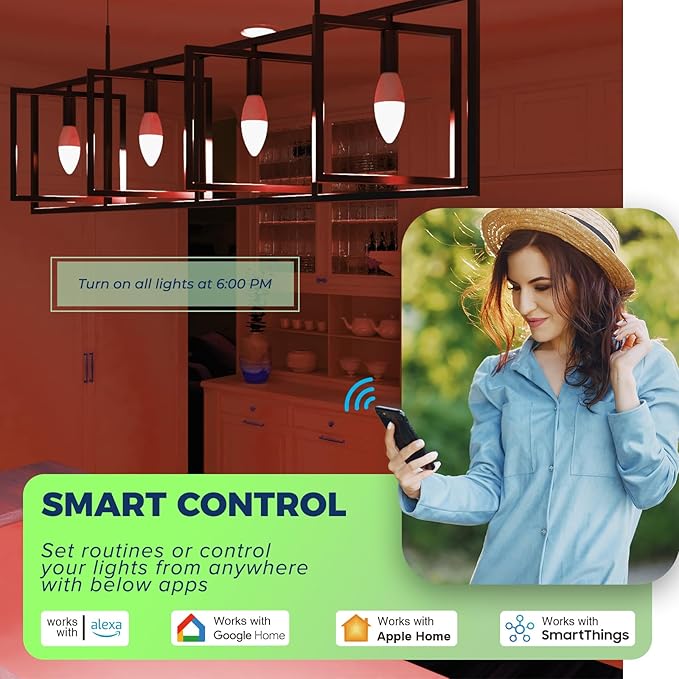 Lightinginside Matter Candelabra Smart Light Bulbs 60W Equivalent, Candle E12 LED Bulb Compatible with Alexa/Siri/Apple Home/Google Home/SmartThings, RGBCW, 2.4G WiFi, ETL Listed, Hub Required, 4PCS