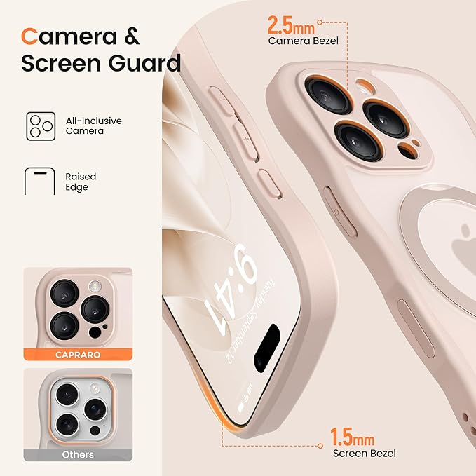 CAPRARO for iPhone 16 Pro Case with 360° Spin Magnetic Stand for Women, [Compatible with MagSafe] [Full Camera Protection] Cute Wave Translucent Matte Case for iPhone 16 Pro, Rose Gold