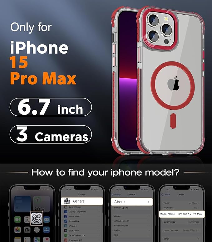 DEERLAMN Strong Magnetic Case for iPhone 15 Pro Max 6.7-Inch,[Compatible with Magsafe][Military Grade Drop Protection] Clear Slim Shockproof Protective Phone Cover-Transparent+Red