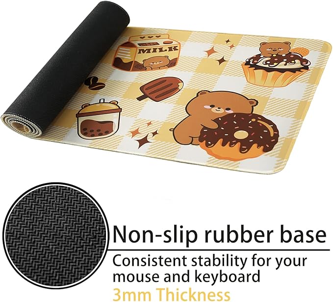 Kawaii Bear Gaming Mouse Pad for Desk, Extended Large Bear Chocolate Donut Mouse Pad, Orange Yellow Mousepad XL, Long Big Mouse Mat, Kawaii Bear Decor Stuff Accessories, 31.5 X 11.8 Inch