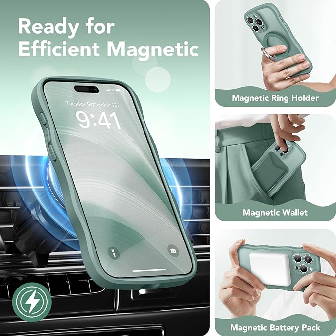 CAPRARO Cute for iPhone 15 Pro Max Case, Compatible with MagSafe, [Curly Wave Edge] [Full Camera Protection] [14 FT Drop Protection] Magnetic Phone Case for 15 Pro Max 6.7 Inch, Midnight Green