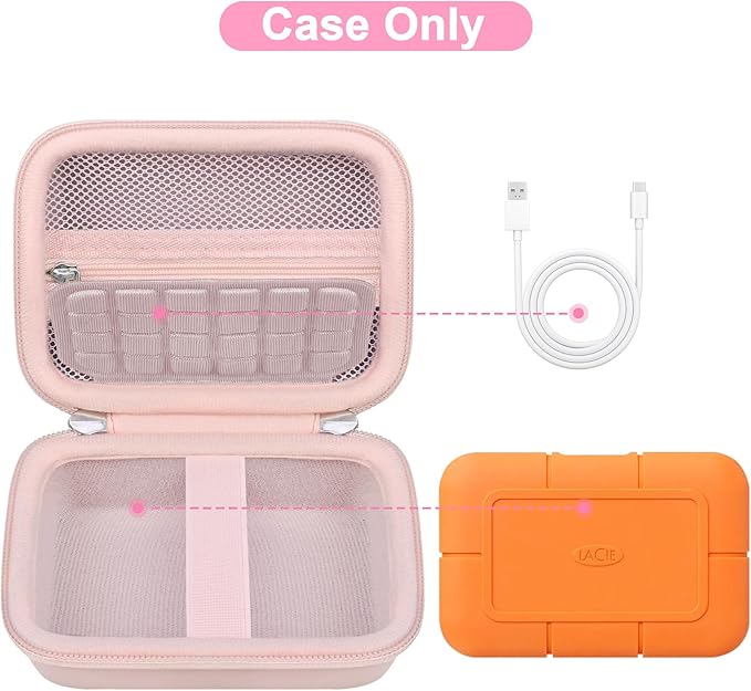 Canboc Carrying Case for LaCie Rugged SSD Pro5 2TB 4TB External Solid State Drive, Zipper Mesh Pocket fit Cable, Pink (Case Only)