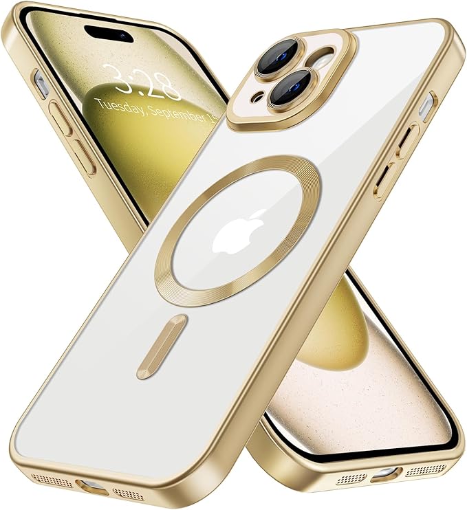 Hython Magnetic Clear for iPhone 15 Case with Camera Lens Protector [Compatible with MagSafe] Luxury Plating Edge Slim Soft TPU Cover Protective Phone Case for iPhone 15 6.1", Matte Gold