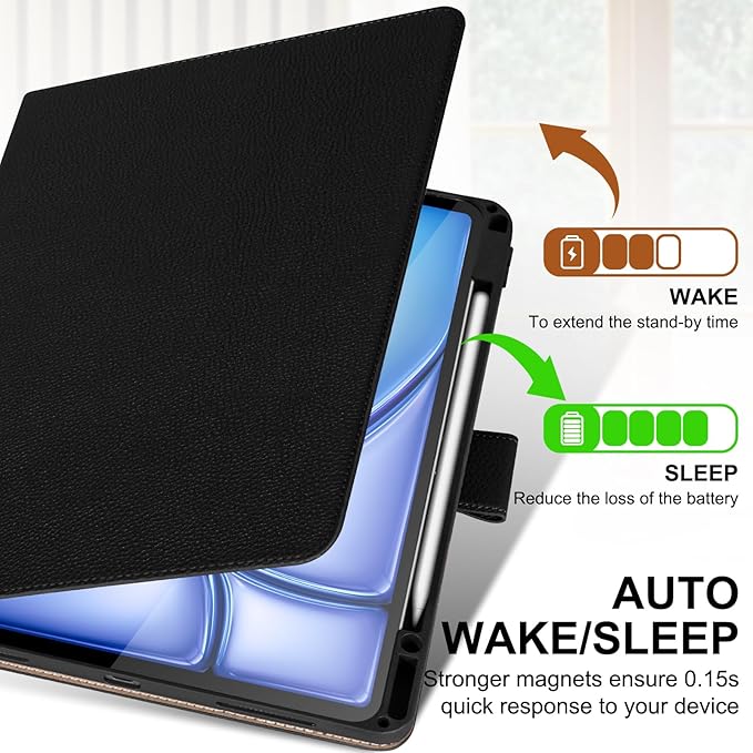 Genuine Leather Case for iPad Air 13 inch M4 2026/M3 2025/M2 2024, with Pencil Holder and Adjustable Stand, Magnetic Closure, Auto Wake/Sleep Cover | Black