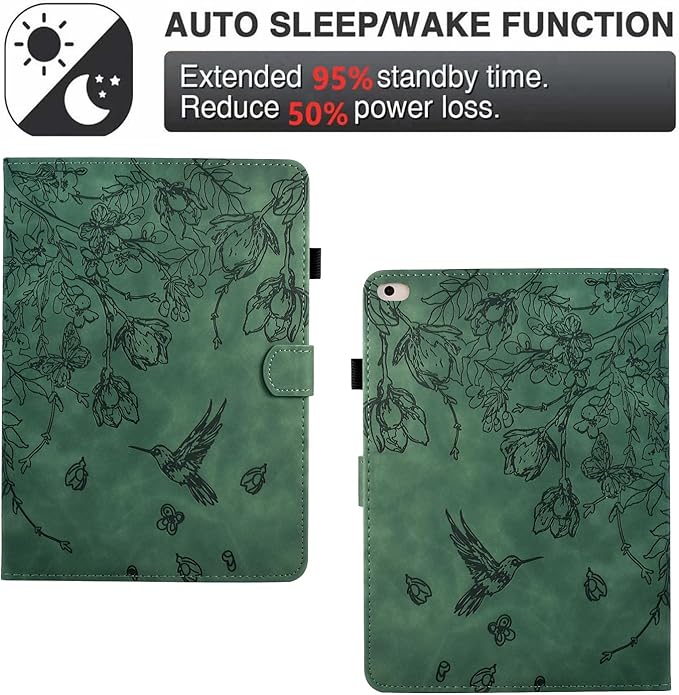 for iPad 9.7 Inch Case iPad 6th/5th Generation Case 2018 2017, Embossed Suede Leather Folio Stand Cover for iPad 9.7 inch/Pro 9.7/Air 2/Air 1, Auto Sleep/Wake, Green Bird Flower Embossing