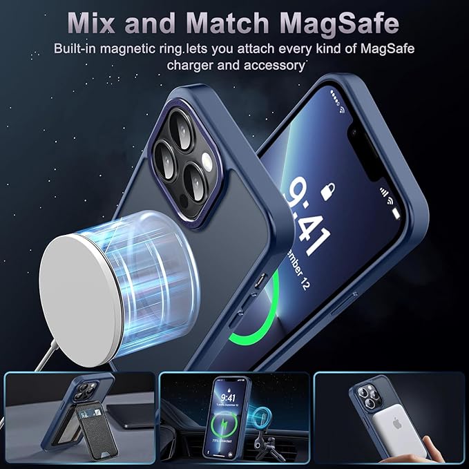 Newfuture Designed for iPhone 13 Pro Max Case with Magnetic [13 FT Military Drop Protection] [Compatible with Magsafe] Slim Translucent Matte Shockproof with Anti-Fingerprint Phone Case, Navy Blue