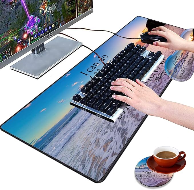 3 Piece Mouse Pad Set with Stitched Edge Large Anti-Slip Mouse Pad Desk Pad Keyboard Pad + Wrist Rest Pad + Coaster, Memory Foam Wrist Rest for Office/Home, Bible Verse Philippians 4-13