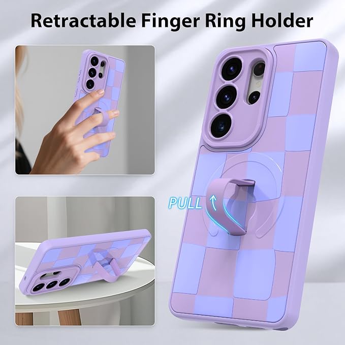 KANGHAR Compatible with Samsung Galaxy S26 Ultra Case, Support for MagSafe, Silicone Checkered Cute Pattern, Wristband Kickstand Camera Protection Soft Slim Cover for Girls Women -Purple