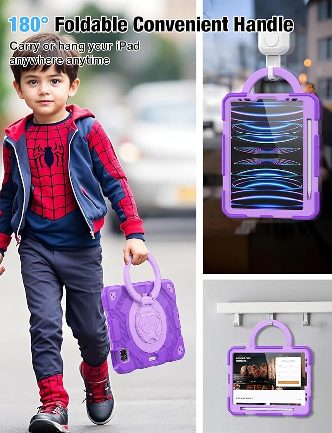SCSVPN Kids Case for iPad Air 5th/4th Generation 10.9-inch 2022/2020 & iPad Pro 11'' 4th/3rd/2nd/1st Gen 2022 2021 2020 2018 Protection Case with Pencil Holder, Stand, Handle, Shoulder Strap, Purple