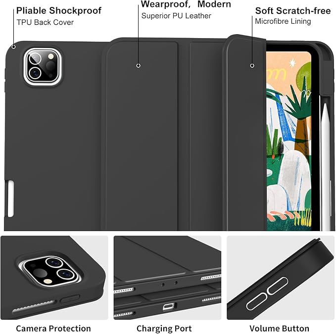 for iPad Pro 12.9 Inch Case 6th/5th/4th Generation (2022/2021/2020) with Pencil Holder, Smart Stand Cover with Soft TPU Back for iPad Air 13 inch Case, Auto Sleep/Wake, Black