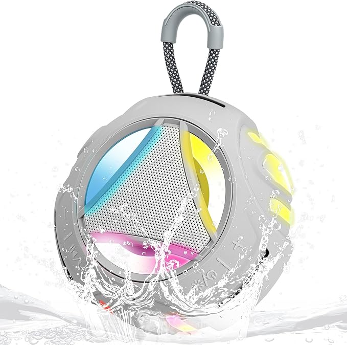 Portable Bluetooth Speaker, IPX7 Waterproof Shower Speaker, Wireless Outdoor Speakers, Floating, Built-in Mic, 24H Playtime with LED Lights, Loud HD Sound, Powerful Bass, Gifts for Unisex - Gray