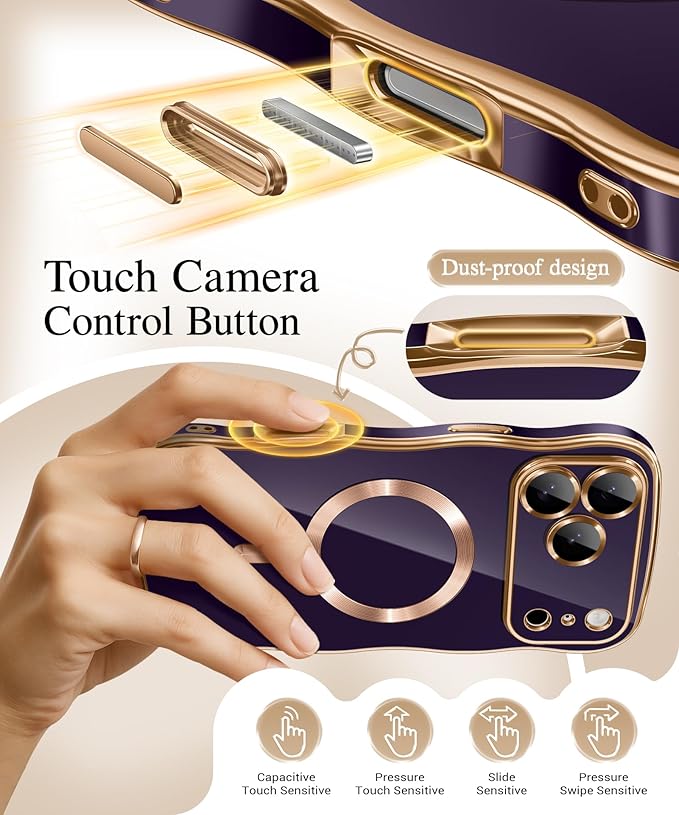 GVIEWIN for iPhone 17 Pro Max Case Compatible with MagSafe, Upgraded [Full Camera Protection][Cute Wave Frame][Military Grade Protection] Electroplated Hard Phone Cover for Women Girl, Purple
