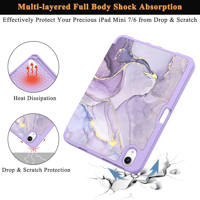 Soke Case for iPad mini 7(A17 Pro) 2024/iPad Mini 6 2021 8.3 inch with Pencil Holder-[Pencil Charging + Auto Wake/Sleep], Soft TPU Back Cover for iPad mini 7th/6th Generation(Lilac Marble)