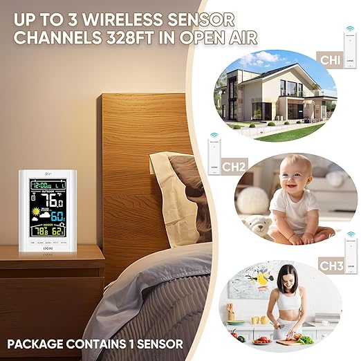 Weather Station Wireless Indoor Outdoor Thermometer， Inside Outside Temperature Humidity Monitor，with 330ft Range Sensor and Adjustable Backlight (White)