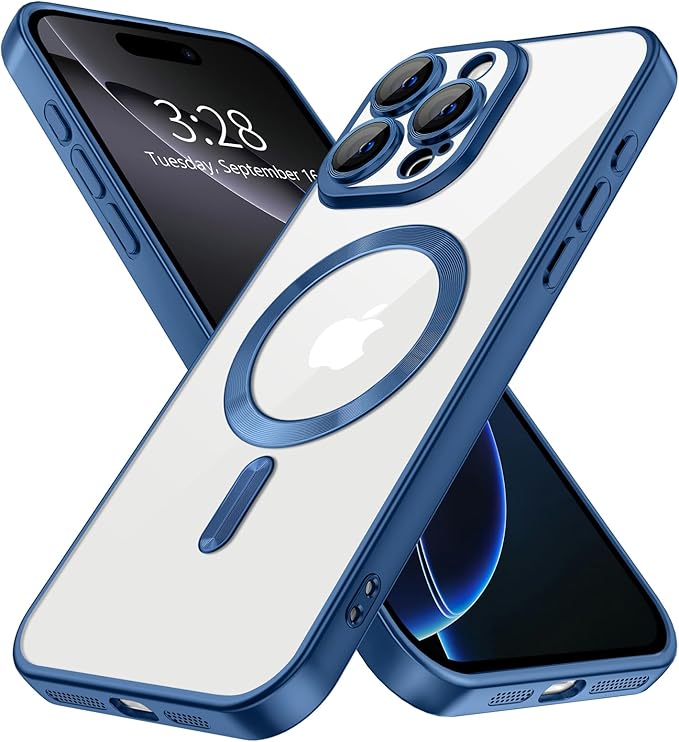 Hython Magnetic Clear for iPhone 16 Pro Max Case with Camera Lens Protector [Compatible with MagSafe] Plating Edge Slim Soft TPU Cover Protective Phone Case for iPhone 16 Pro Max, Matte Deep Blue