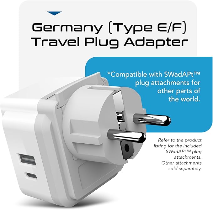Ceptics Germany, Korea Travel Plug Adapter Set, 20W PD & QC, Safe Dual USB & USB-C - 2 USA Socket - Use in Schuko, France, Russia, Netherlands - Includes Type E/F SWadAPt Attachments