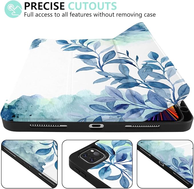 DONGKE Case for 2022/2021/2020/2018 iPad Pro 11 inch Gen 4/3/2/1 - Slim Protective Case - Built in Pencil Holder Support Charging - Trifold Stand & Sleep/Wake Cover - Watercolor Blue Floral