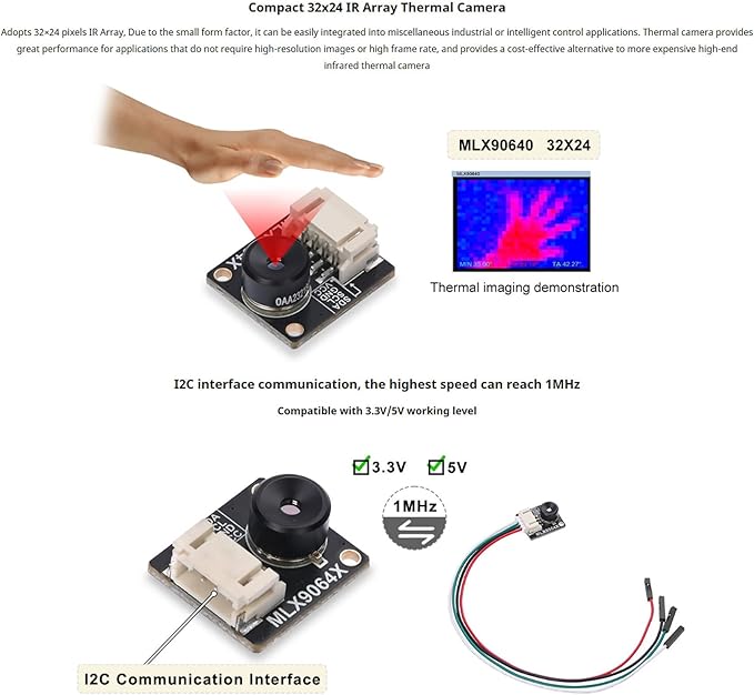 Thermal Camera MLX90640-D110 IR Array Thermal Imaging Camera,I2C Interface 32 * 24 Pixel Infrared Array,110 Degree Field of View