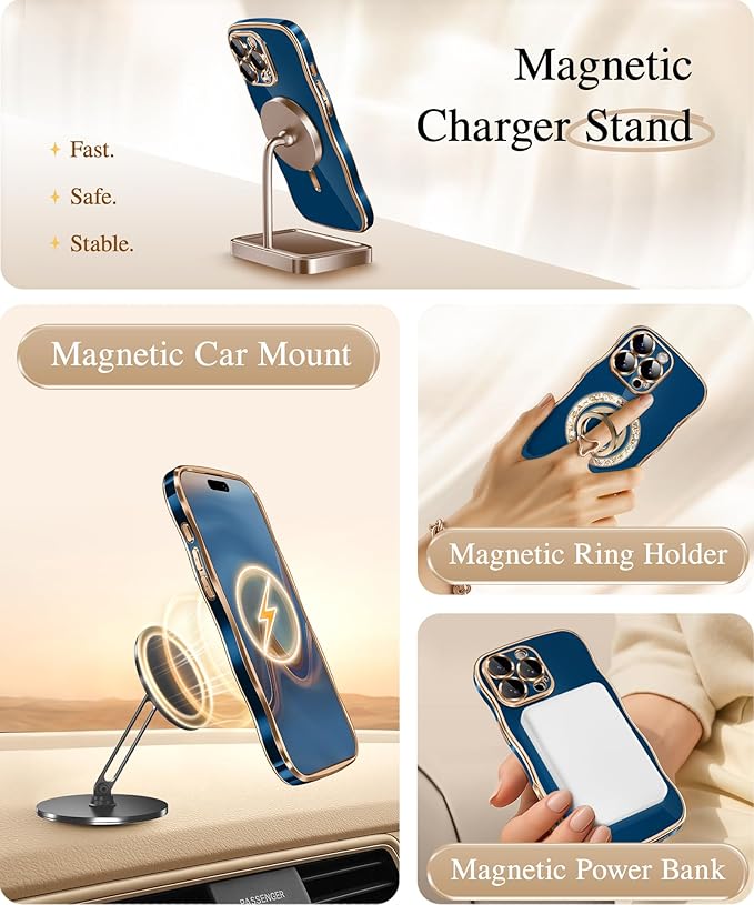 GVIEWIN for iPhone 16 Pro Case Compatible with MagSafe, Upgraded [Full Camera Protection][Cute Wave Frame][Military Grade Protection] Electroplated Soft Phone Cover for Women Girl, Blue