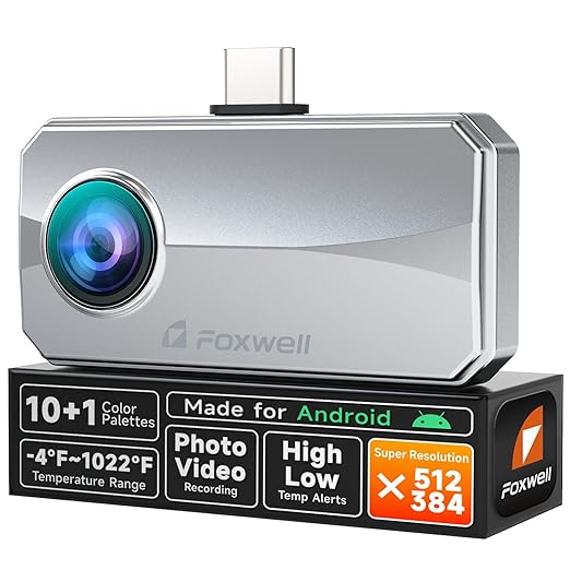 FOXWELL RT100 Thermal Camera for Android Smartphones & PC, 512x384 TISR Resolution Thermal Imaging Camera for Home Automotive Industrial Leak Heat Loss Inpsection, 25Hz Refresh Rate Thermal Imager