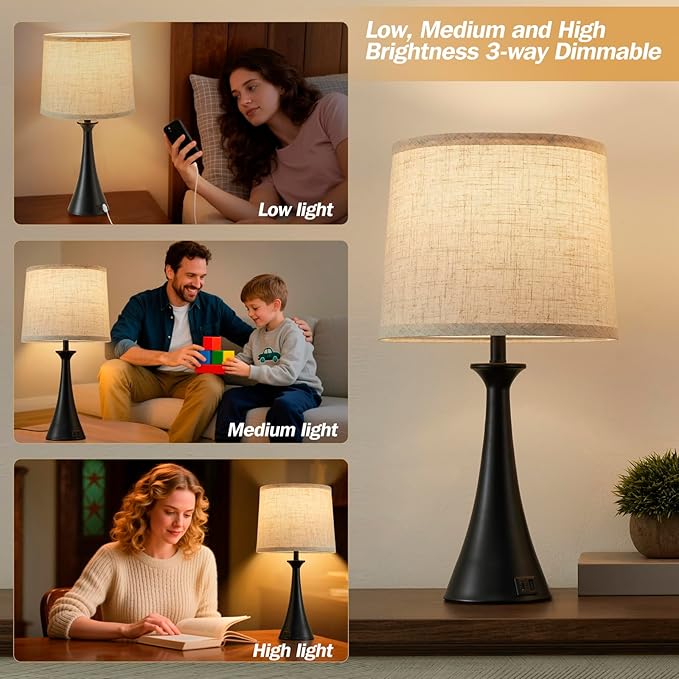 Touch Lamp for Living Room Bedroom, 21" Table Lamps Set of 2 with USB C+A Ports, Touch Bedside Lamps for Nightstand with 3 Way Dimmable, 2 LED Bulbs Included, Black