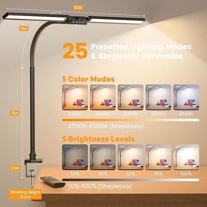 SIBRILLE Upgraded Desk Lamp for Home Office - Dimmable Computer Desk Light with Remote, Modern Architect Task Lamp with Color Changing, Flexible Desktop Lamp with Gooseneck for Monitor, Double Head