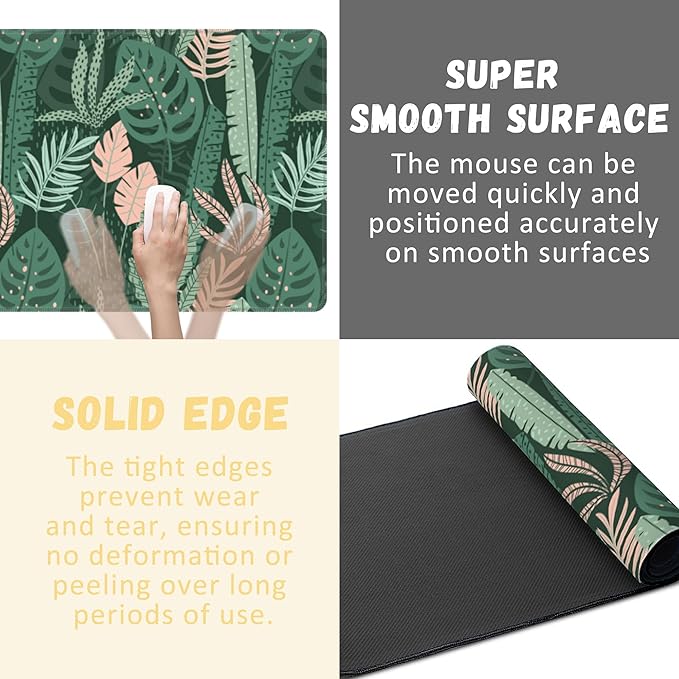 Extended Gaming Mouse Pad Abstract Tropical Leaves Large Mousepad with Stitched Edges,Anti-Slip Rubber Base Keyboard Mouse Mat Desk Pad for Gaming Home Office 35.4 x 15.7 inches