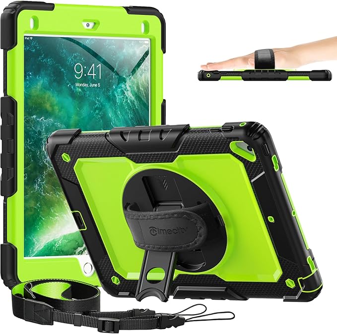Timecity Case for iPad 6th/ 5th Generation 9.7 Inch 2018/2017 with Rotating Stand Handle Strap, Full-Body Silicone+PC Durable Sturdy Protective Case for iPad 5th/ 6th Gen/Air 2/ Pro 9.7 -Green