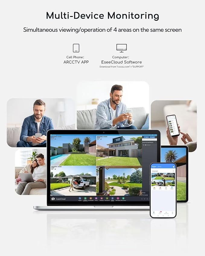 COOAU 4MP Solar Security Cameras Wireless Outdoor, 64GB Local Storage Outdoor Camera Wireless System, 360° Home Security, 5GHz & 2.4GHz WiFi, No Monthly Fee, Color Night Vision, PIR Motion Detection