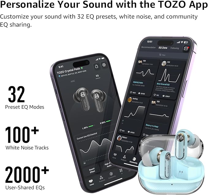 TOZO Crystal Pods Hybrid Active Noise Cancelling Wireless Earbuds, 10mm Drivers Deep Bass, 4 Mics Smart ENC AI Calls, Real-Time AI Translation, 32 EQ via App, Bluetooth 5.4, Crystal Design