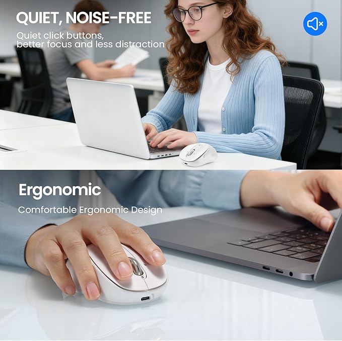Wireless Bluetooth Mouse Rechargeable,USB+BT×2,Multi Device Quiet Ergo Computer Mouse,Metal 4-Way Super Scrolling,± 3200 DPI,10 Button,Plug&Play,Cordless Mice for Laptop,Tablet,Mac,iPad,PC,Phone-White