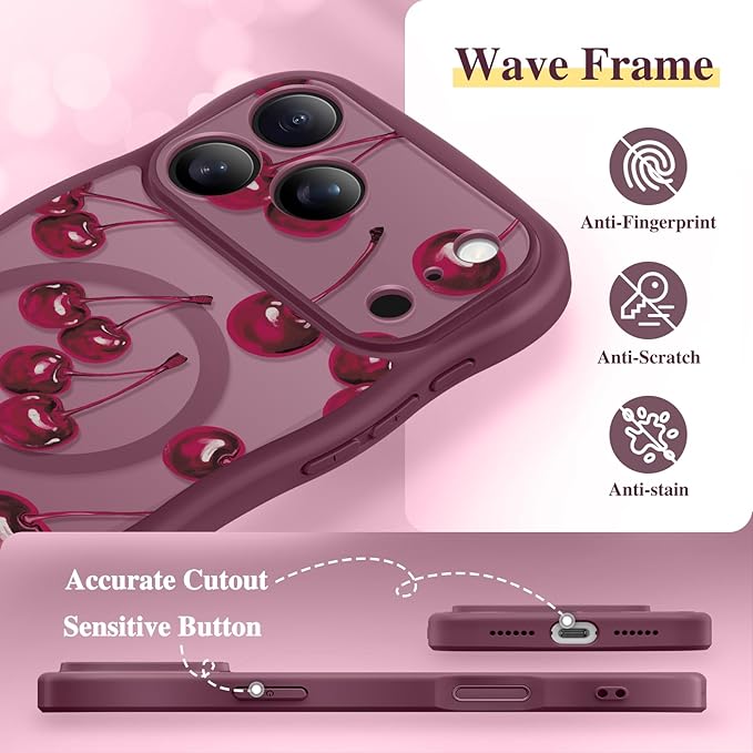 GVIEWIN for iPhone 17 Pro Max Case Compatible with MagSafe [Curly Wave Edge][Full Camera Protection] Floral Translucent Shockproof Magnetic Women Phone Case for 17 Pro Max, Ripe Cherry/Burgundy