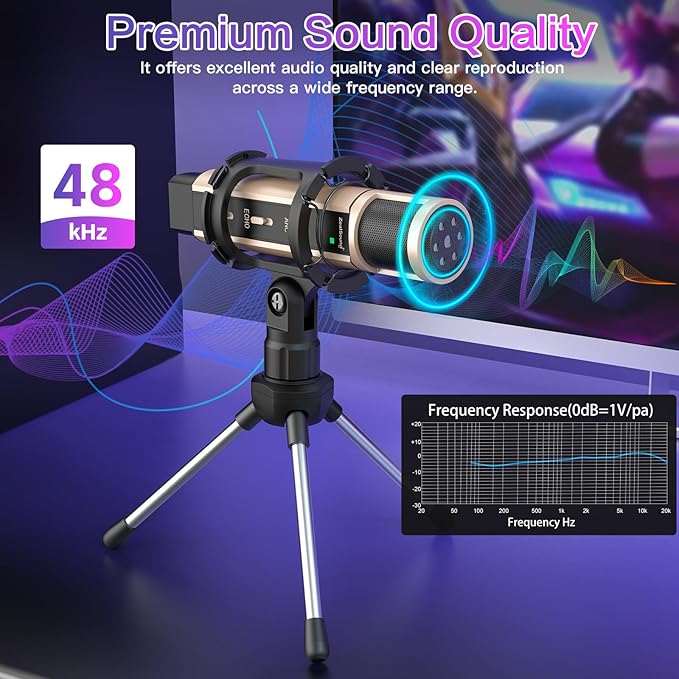 ZealSound USB Microphone for iPhone, iPad, Android, PC & Laptop, Condenser Podcast Mic with Noise Reduction, Mute, Headphone Monitoring & Echo Control for ASMR, Podcast, Streaming, Gaming