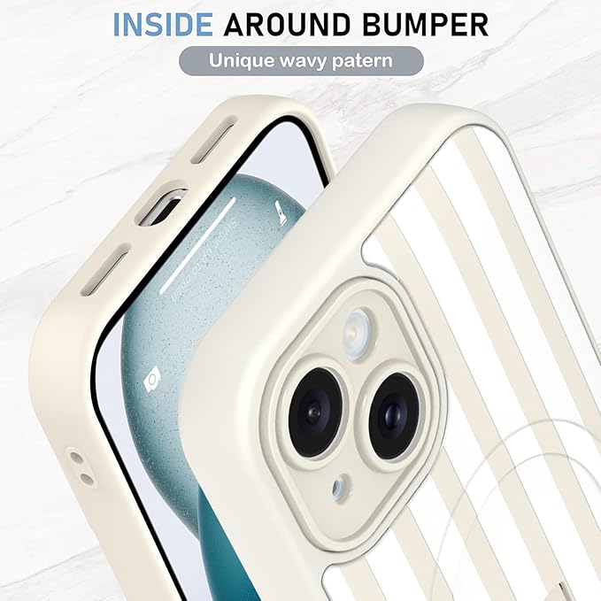 KANGHAR Compatible with iPhone 15 Case, Support for MagSafe, Silicone Stripes Cute Pattern, Wristband Kickstand Camera Protection Soft Slim Cover for Girls Women -White