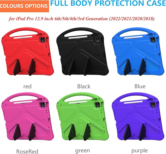 for iPad Pro 12.9 inch Kids Case 6th/5th/4th/3rd Generation (2022/2021/2020/2018) with Kickstand/Pencil Holder/Handle Stand Lightweight Soft EVA Shockproof Heavy Duty Protective Cover, Red
