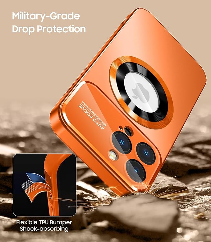 MAKAVO Magnetic for iPhone 12 Pro Max Case, Compatible with MagSafe, Built-in Camera Lens Protector, Logo View, Military Grade Drop Proof Phone Case Cover, Orange