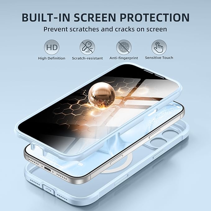 BERFY for iPhone 17 Pro Case, Compatible with MagSafe, Built-in Privacy Screen Protector, Camera Protection, Shockproof Full Body Phone Case 6.3", Translucent Light Blue