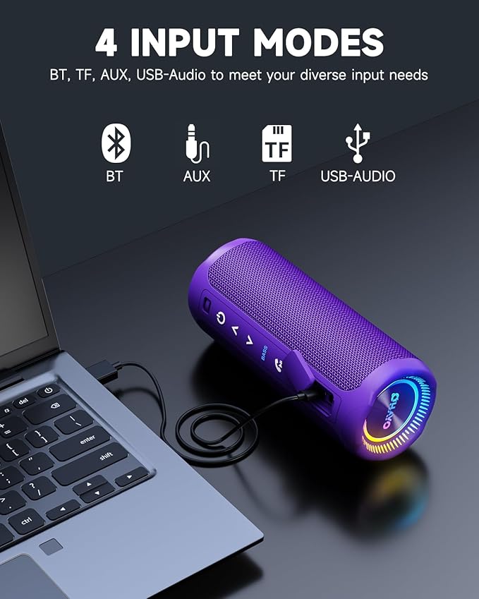 OHAYO Bluetooth Speaker, Portable Wireless, IPX7 Waterproof, Powerful 25W Sound, 24H Playtime, Dual Pairing, Active Bass, Colorful Lights, Bluetooth 5.3, Outdoor Speakers for Home/Party/Beach, Purple