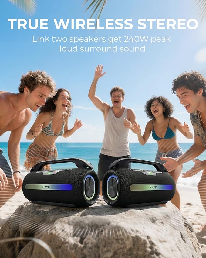 havit 120W Loud Bluetooth Speaker with Deep Bass, IPX6 Waterproof Outdoor Party Speaker, RGB Lights, 12H Playtime, TWS Pairing, Portable Speaker for Beach, Camping, Backyard