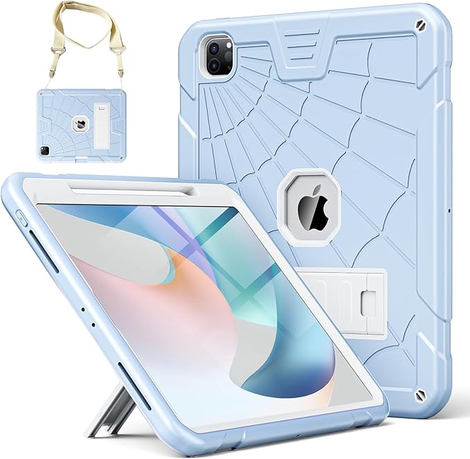 TSQQST Case for iPad Pro 12.9 Inch 6th/5th/4th/3rd Generation 2022/2021/2020/2018 for Kids, Full Body Shockprof Rugged Protection Case Cover with Stand +Pencil Holder+ Shoulder Strap, Ice Blue