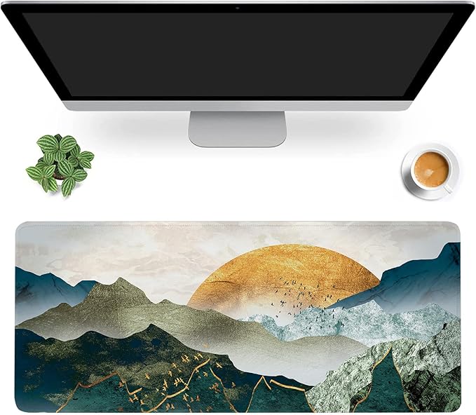 MIOAOSRT Desk Mat,The Green Golden Mountains by Sunset Extended Gaming Mouse Pad,Large Non-Slip Rubber Base Mousepad with Stitched Edges,Waterproof Mouse Mat Desk for Office Game Home 35.4x15.75 in