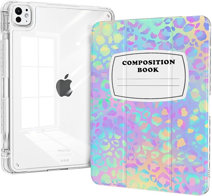 Clear Case for ipad Air 13 inch M3 2025 & M2 2024, ipad Pro 12.9" 6th/5th/4th/3rd Generation with Pencil Holder, Trifold Stand Shell, Slim Shockproof Clear Back, Composition Book